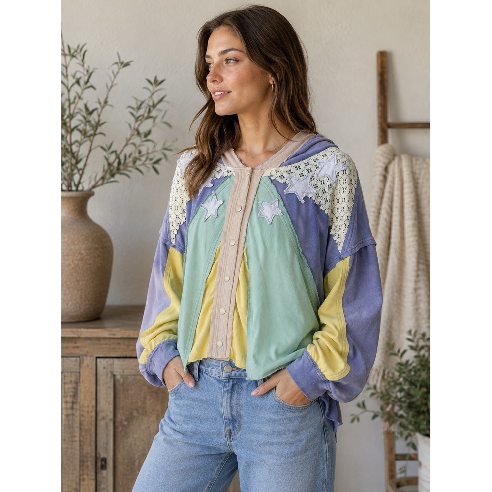Oli and Hali Washed Star Top / Jacket Hoodie Patchwork NWOT Oversized Boho L - Picture 2 of 8